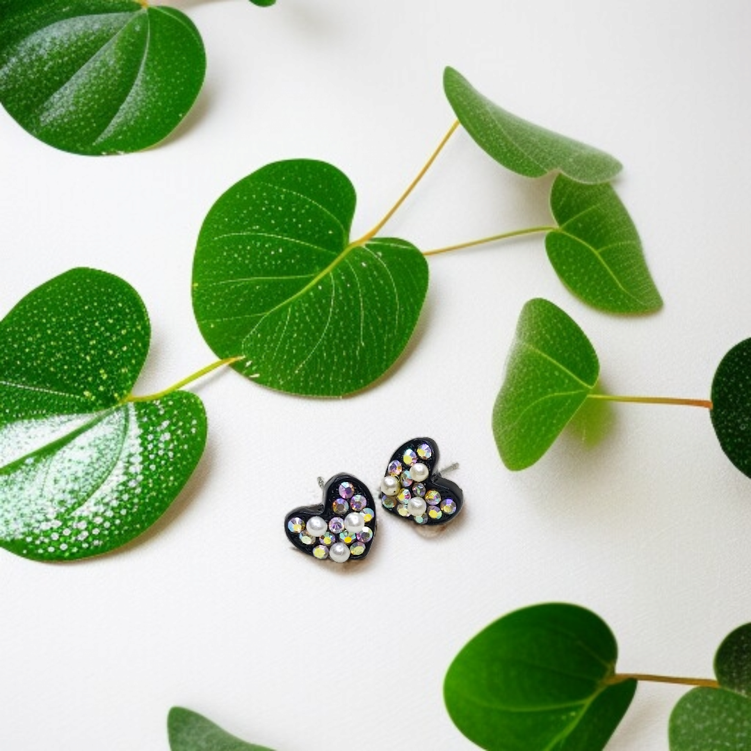Pearl & Crystal Heart Studs by Celvyn