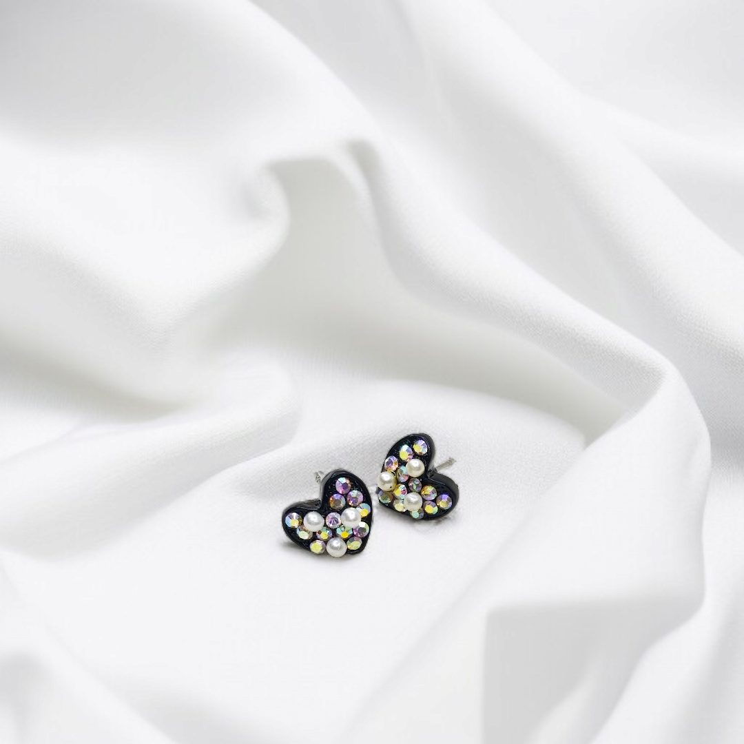 Pearl & Crystal Heart Studs by Celvyn