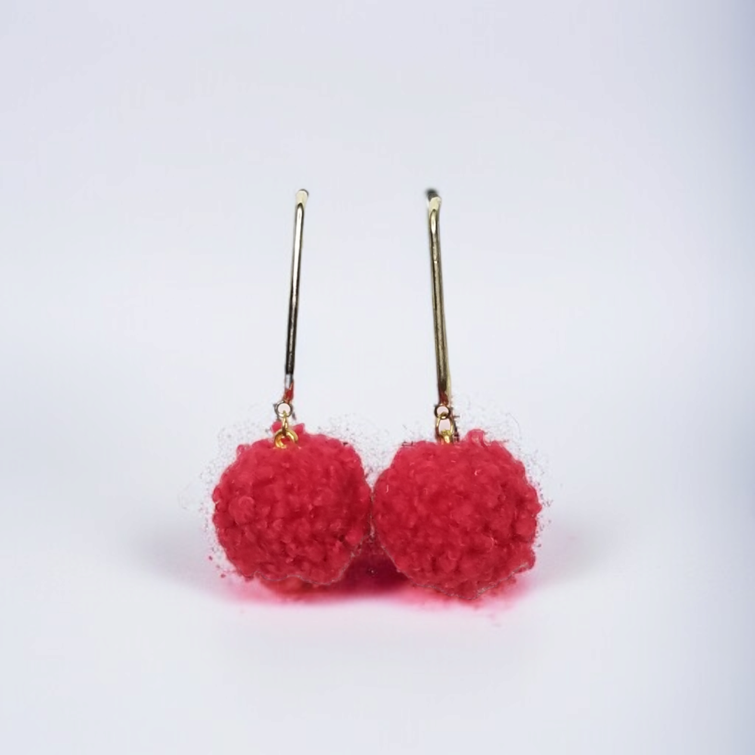 Red Pom-Pom & Golden Bar Dangle Earrings