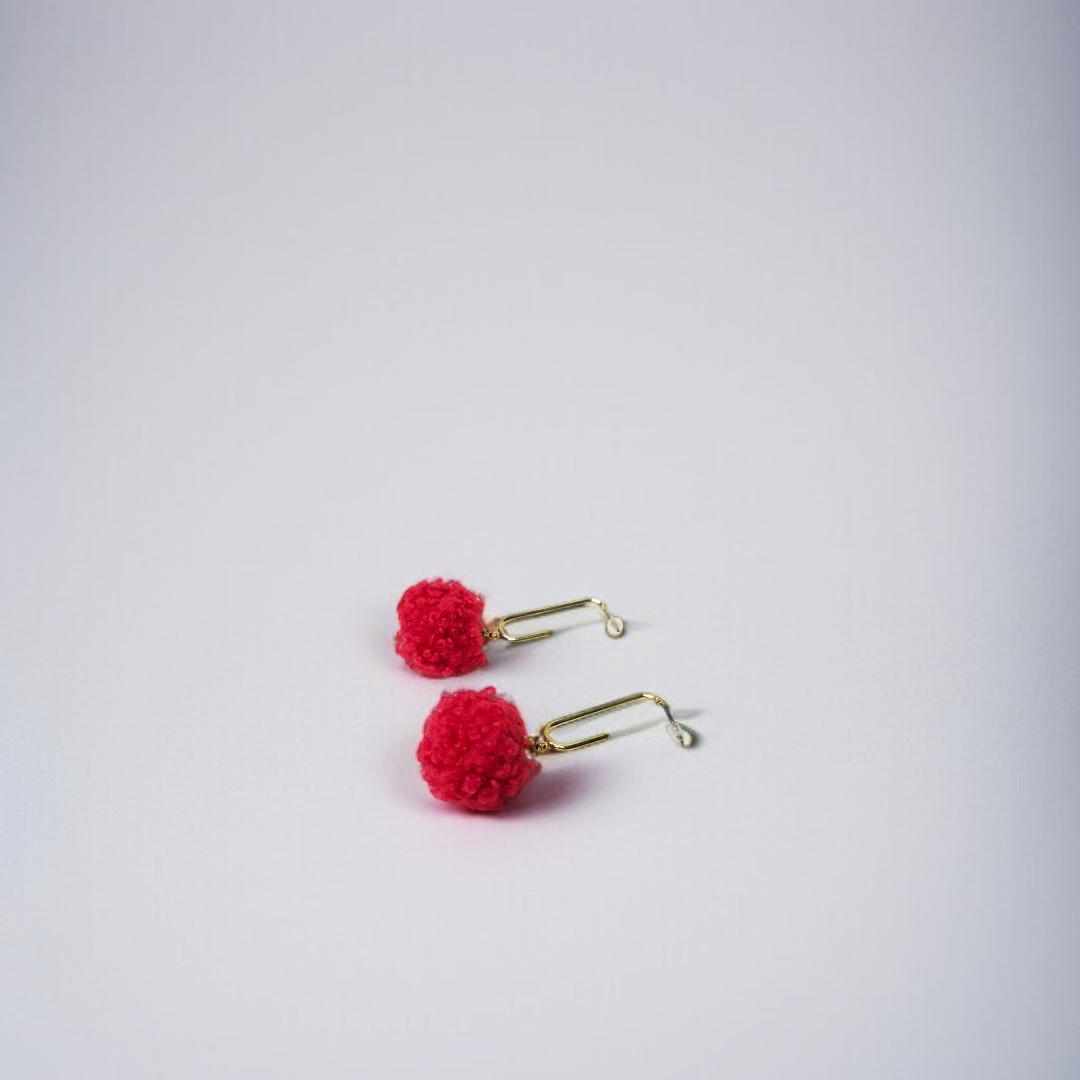 Red Pom-Pom & Golden Bar Dangle Earrings