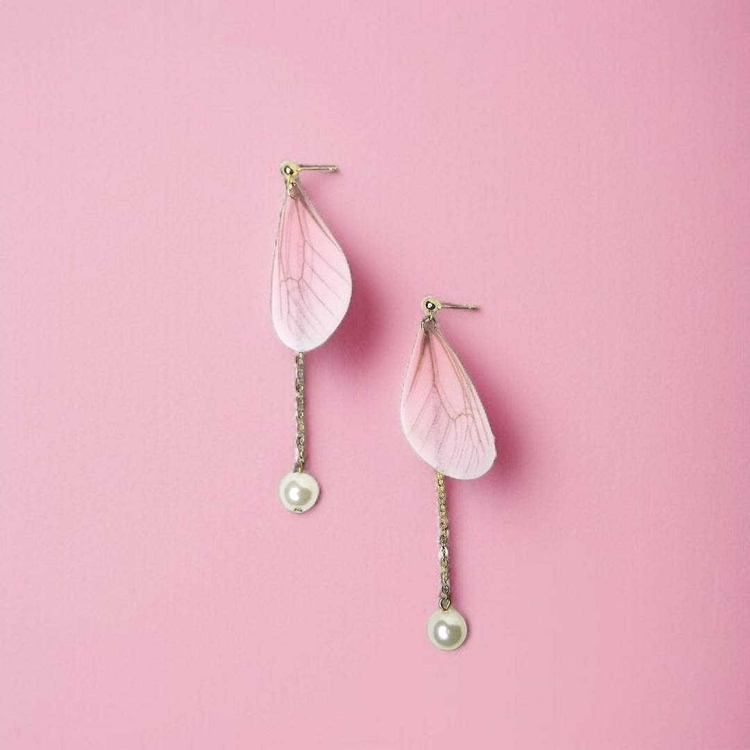 Pink Butterfly Wing & Pearl Dangle Earrings