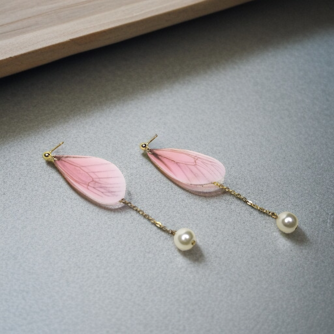 Pink Butterfly Wing & Pearl Dangle Earrings