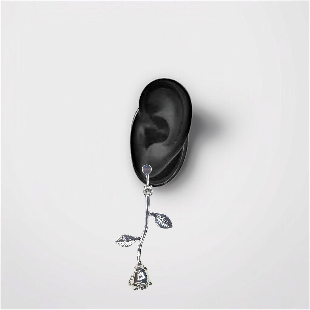 Silver Rose Bud Dangle Clip-On Earrings