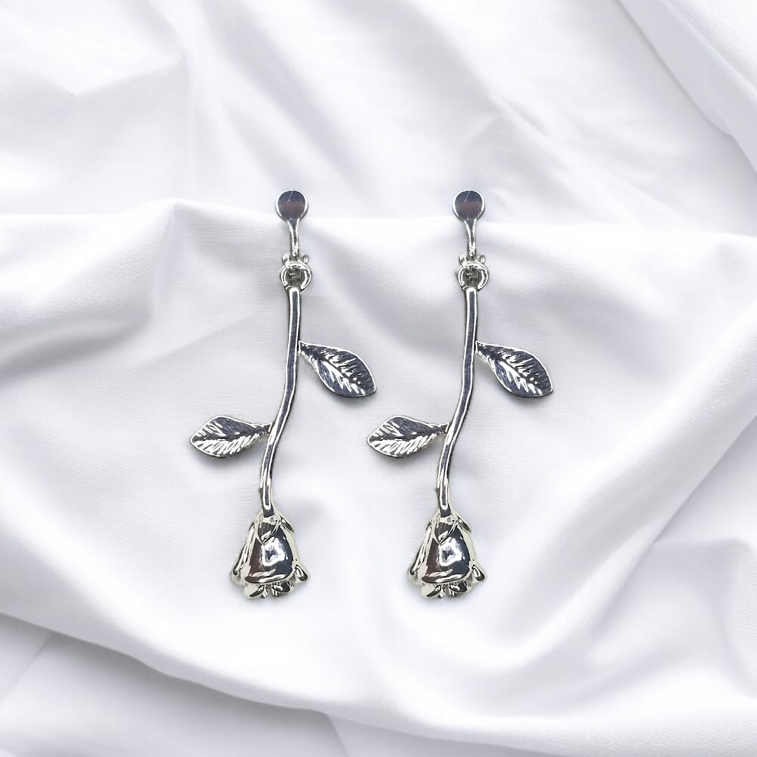 Silver Rose Bud Dangle Clip-On Earrings