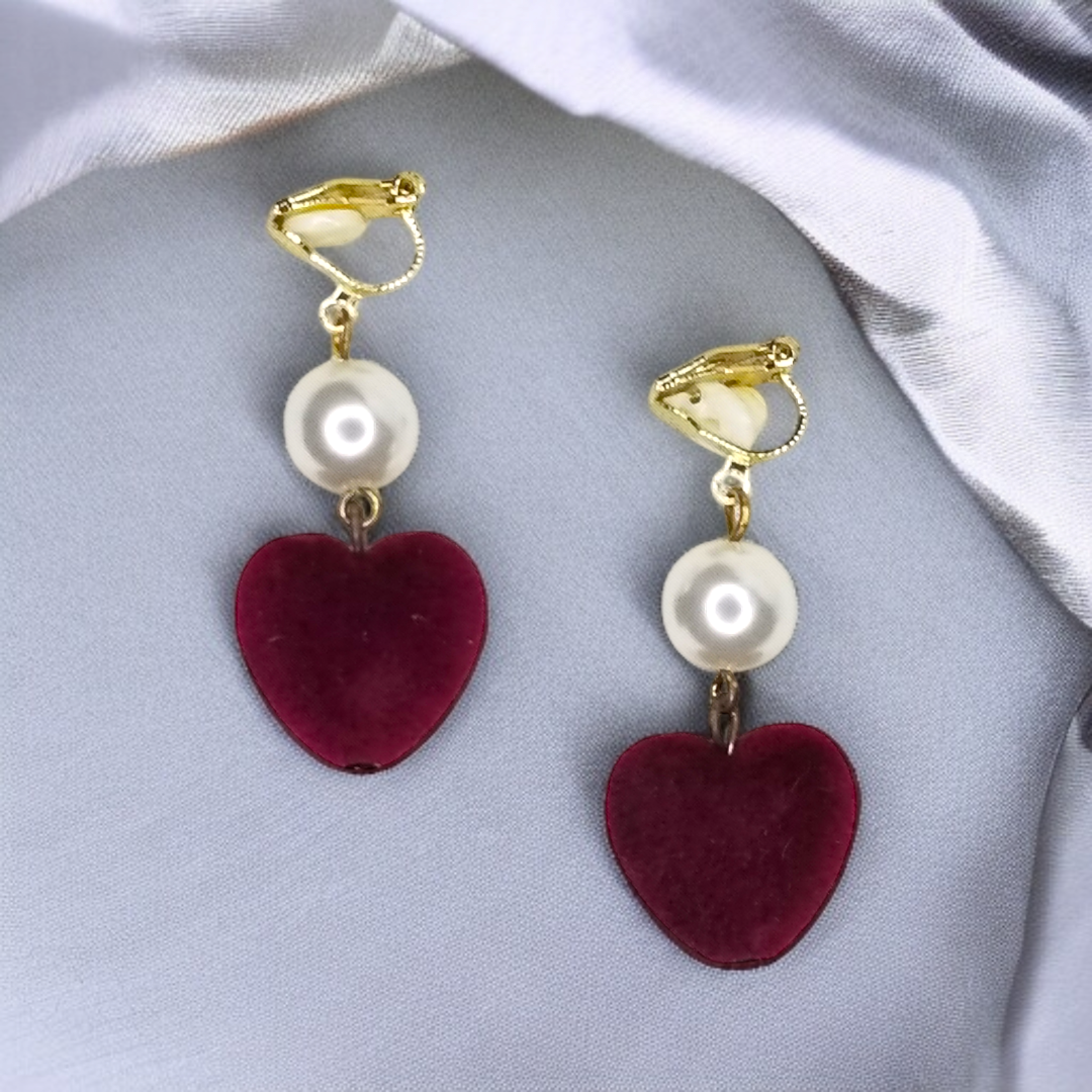 Pearl & Red Velvet Heart Dangle Clip-On Earrings