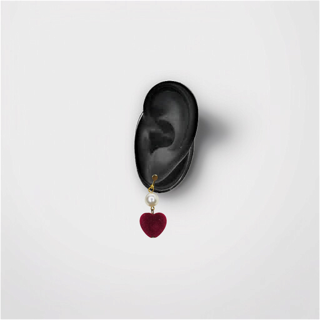 Pearl & Red Velvet Heart Dangle Clip-On Earrings