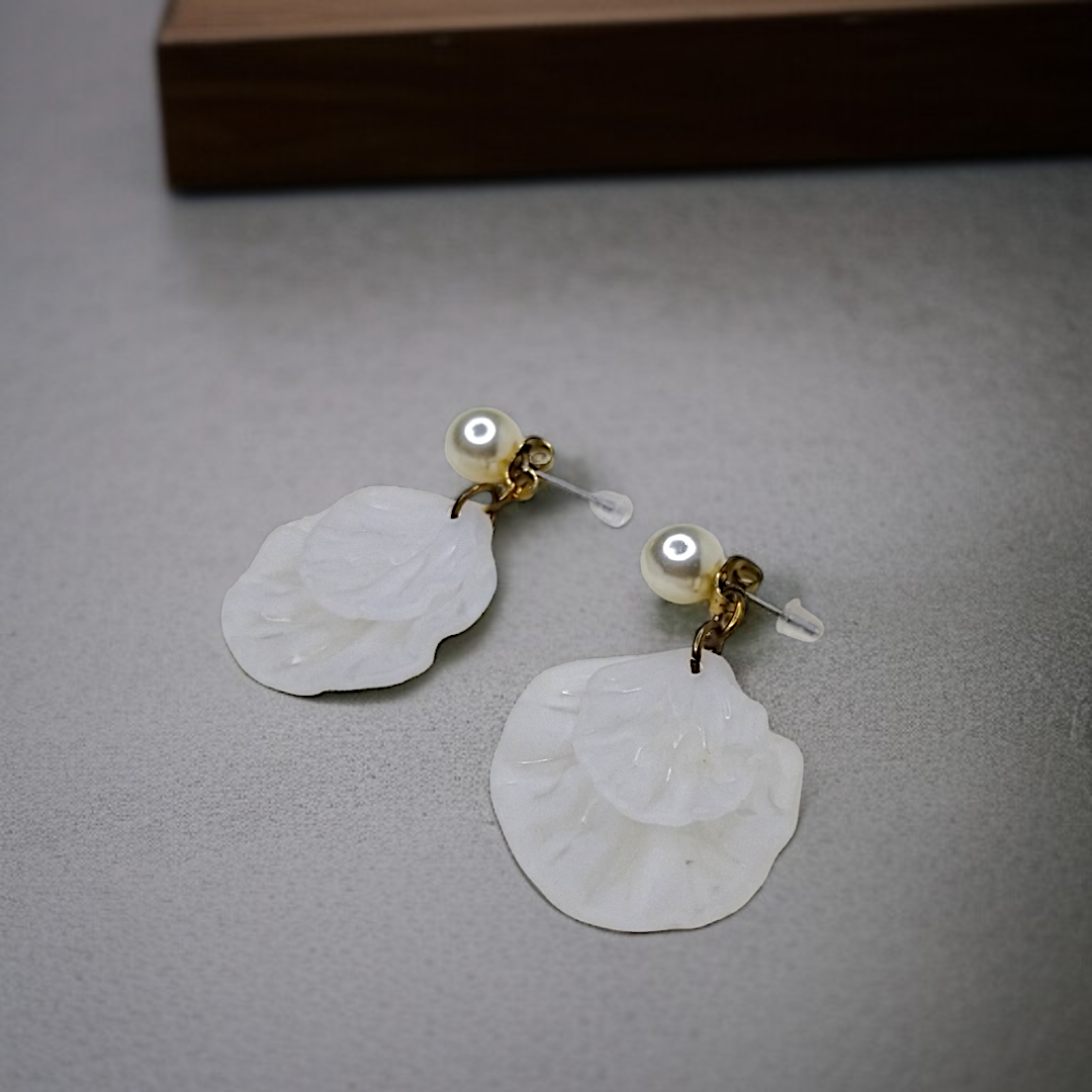 Pearl & White Textured Petal Earrings