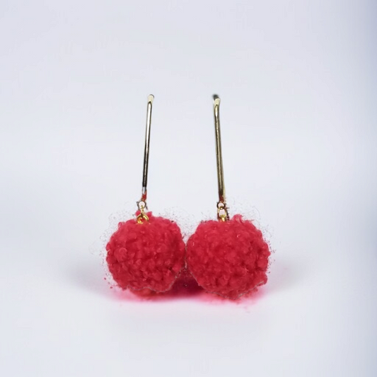 Red Pom-Pom & Golden Bar Dangle Earrings