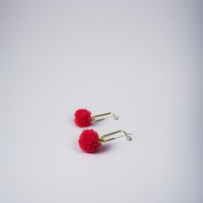 Red Pom-Pom & Golden Bar Dangle Earrings