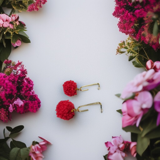 Red Pom-Pom & Golden Bar Dangle Earrings