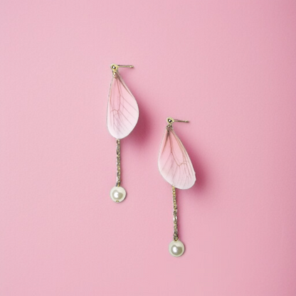 Pink Butterfly Wing & Pearl Dangle Earrings