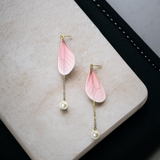Pink Butterfly Wing & Pearl Dangle Earrings