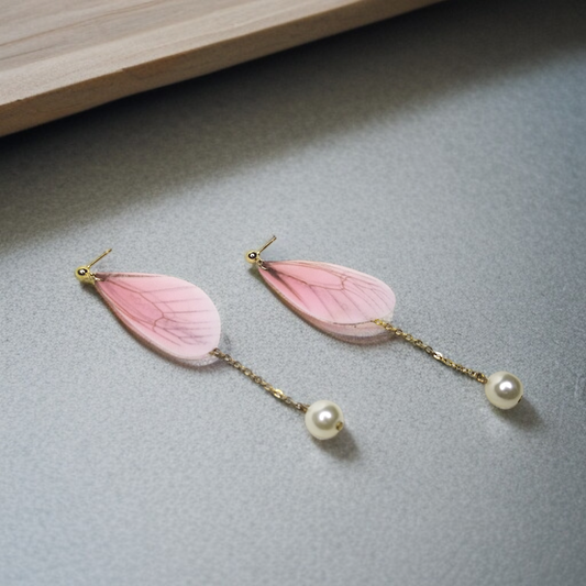 Pink Butterfly Wing & Pearl Dangle Earrings