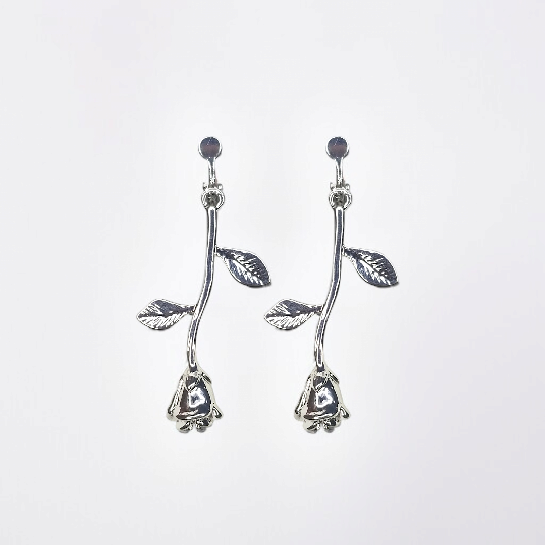 Silver Rose Bud Dangle Clip-On Earrings
