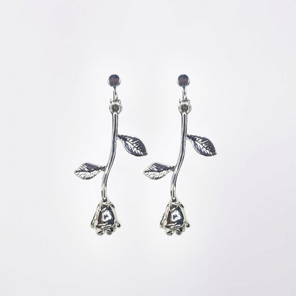 Silver Rose Bud Dangle Clip-On Earrings