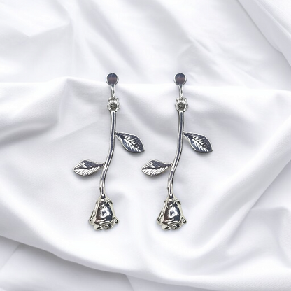 Silver Rose Bud Dangle Clip-On Earrings