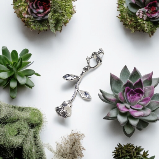 Silver Rose Bud Dangle Clip-On Earrings