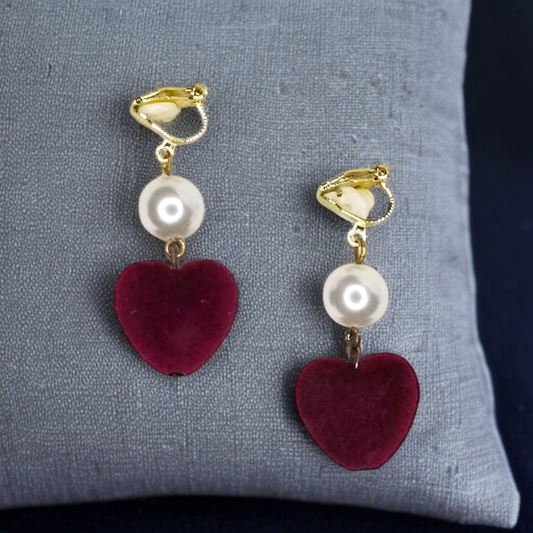 Pearl & Red Velvet Heart Dangle Clip-On Earrings