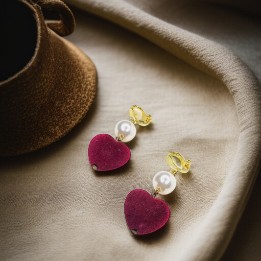 Pearl & Red Velvet Heart Dangle Clip-On Earrings